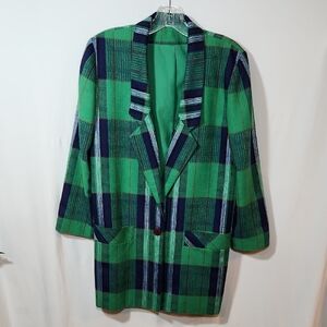 Vintage Impromptu Green And Blue Plaid Long Blazer Size Small